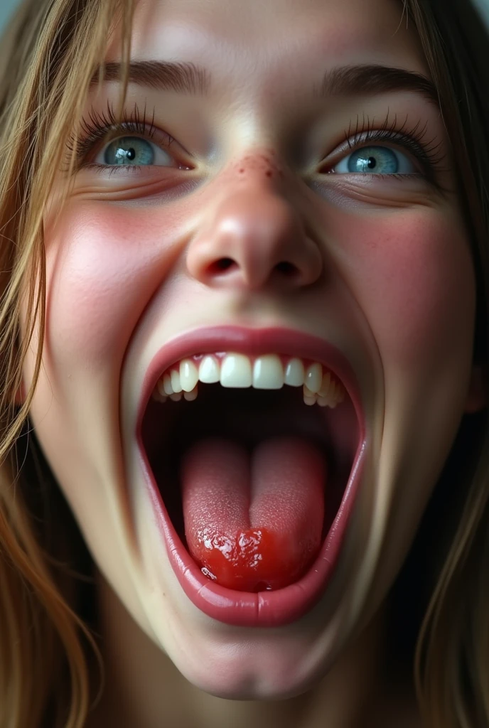 closeup of a female young adult face, mouth very wide open and smiling, eyes open, rolling eyes, long hair, mouth full of saliva, drooling, extreme skin detail, photorealistic, 8k, wallpaper, viewed from above