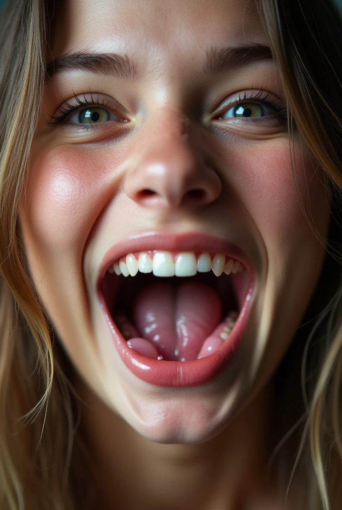 closeup of a female young adult face, mouth very wide open and smiling, eyes open, rolling eyes, long hair, mouth full of saliva, drooling, extreme skin detail, photorealistic, 8k, wallpaper, viewed from above