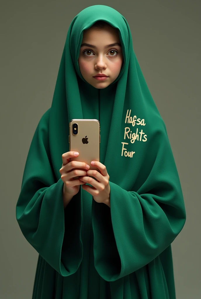 A girl in a green burqa is wearing a burqa and holding an iPhone in her hand and standing with glasses and writing (Hafsa Rights Four) in style.