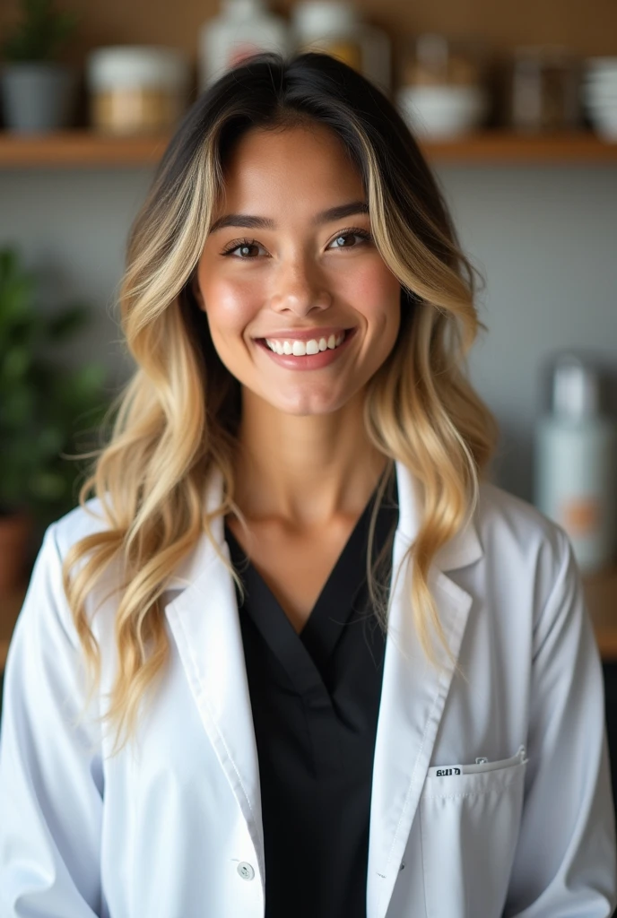 nutritionist with lab coat in her nutrition office, 28y brazilian, blond and black hair, selfie, long hair, front view, centered angle photo, portrait photo, black shirt, hidden smile.