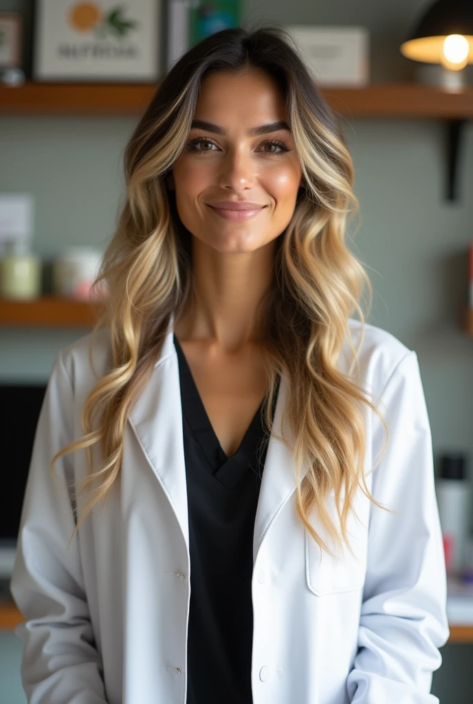 nutritionist with lab coat in her nutrition office, 28y brazilian, blond and black hair, selfie, long hair, front view, centered angle photo, portrait photo, black shirt, hidden smile.
