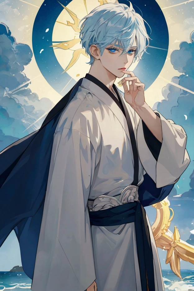 Goldhaariger Mann, short hairs, in priestly robe, sea blue eyes, Anime Style