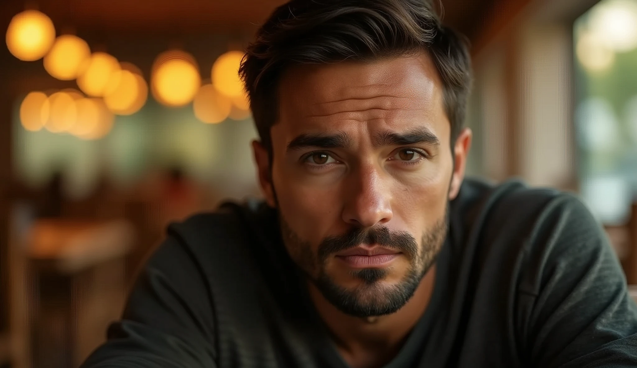 Create a professional real photo of a man sitting in a restaurant with warm, soft lighting in the style of a golden sunset. He should have short dark hair, neatly combed, and a sparse beard evenly distributed across his face, with a serious, thoughtful expression. The focus should be on his face and eyes, which are slightly off-center and aligned with the top third of the image. The light should enter from the side, creating a soft contrast between light and shadow, highlighting the angular features of the face and adding depth with subtle shadows. The background should be blurred, creating a soft bokeh with indistinct details that suggest the presence of tables and chairs. The color palette should be dominated by warm tones of gold, orange and brown, with an emphasis on a warm, introspective atmosphere. Depth of field should be shallow, isolating the subject from the background, and sharpness should be maximum in the face and eyes, while the rest of the image is blurred. The composition should follow the rule of thirds, with the camera positioned slightly below the man's eye line to create a slight sense of elevation. The image should be of high resolution and professional photographic quality, with attention to detail and realism.