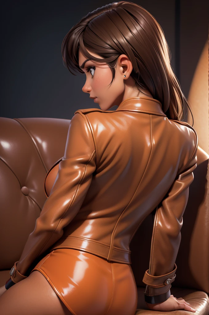 obra prima, melhor qualidade, ((only one woman,)) ((kristi noem, dark tan skin,)) looking over shoulder at me, ((wearing metallic dark orange pvc minidress,)) ((wearing coarse grain leather blazer jacket, jacket has padded shoulders, jacket has stiff high collar,)) (((cone tits, shiny leather bra, erect nipples under leather,))) body is very skinny, ((leaning on couch cushion, arched back,)) ((extreme closeup view, back view of shoulders and body,)) shallow depth of field, highres, HD, 8k, anatomically correct