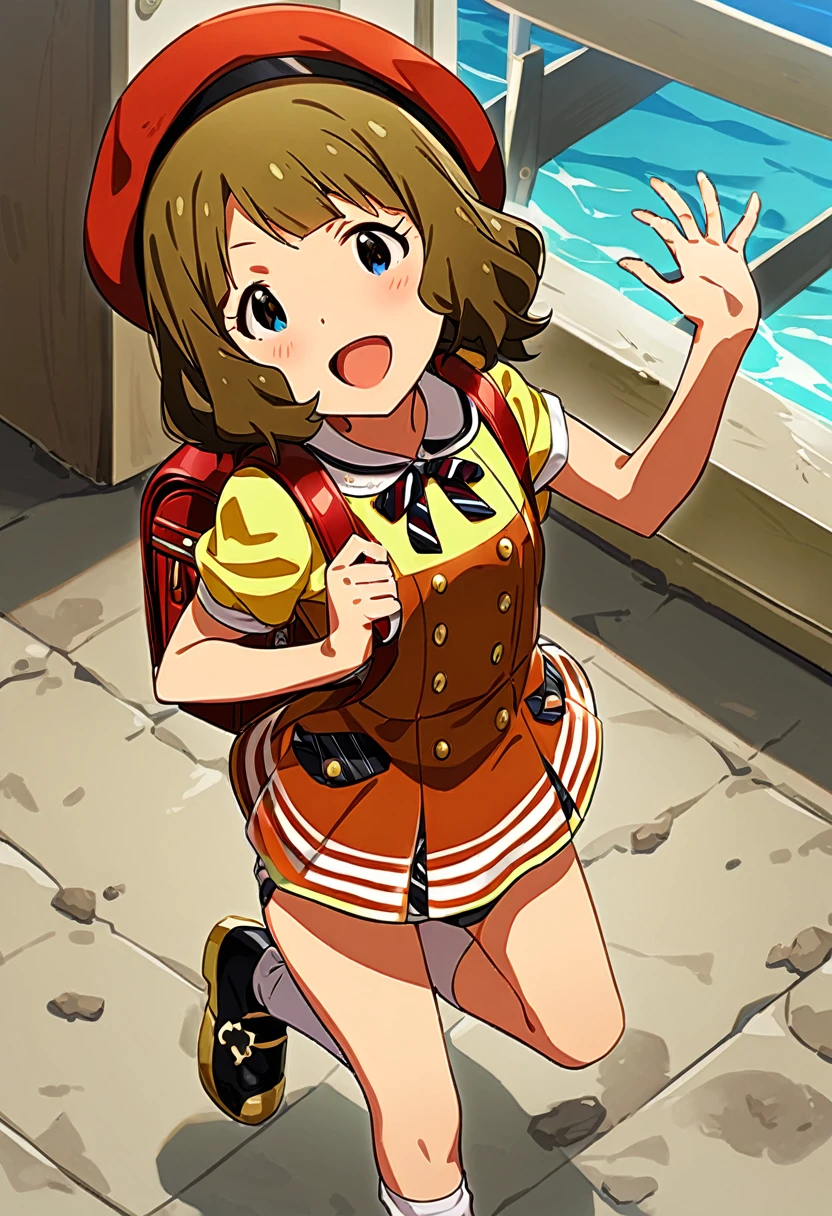 masterpiece, best quality, very aesthetic, absurdres, 1girl, suou momoko, bikini, millimas, white legwear, light brown hair, smile, looking at viewer, bag, open mouth, blue eyes, blush, arm up, eyebrows visible through hair, socks, standing on one leg, hand up, striped, beret, short hair, holding strap, :d, black ribbon, brown hair, neck ribbon, backpack, shoes, standing, randoseru, black footwear, white socks, leg up, ribbon, solo, diagonal-striped neck ribbon, outdoors, dirty toilet, wind, Giant Weapon