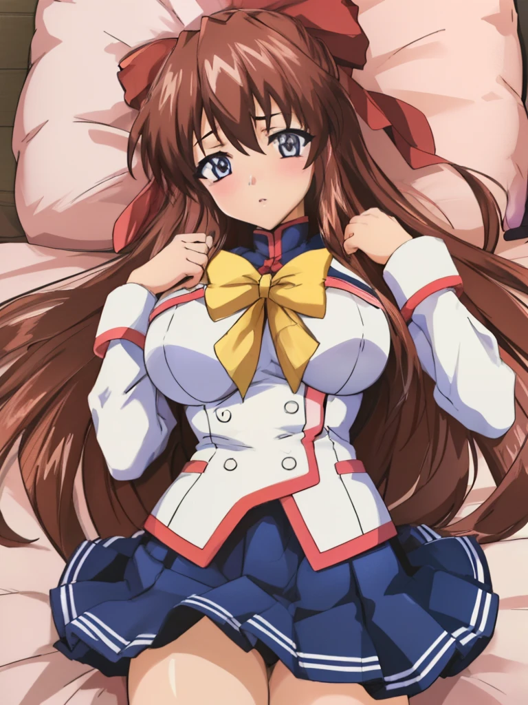 (Anime artwork, Anime Style, Studio Anime, Very detailed, Latest, Vibrant, Anime Coloring Book, High Contrast, masterpiece:1.2, Highest quality, Best aesthetics), (Beautiful and detailed:1.2),Aoikan, 1 person, Hair Ribbon, school uniform, Long sleeve, bow tie, Blue Skirt,Big Breasts、Nipples、 blush, Lips parted, liar, On the bed,Lie, ((A man rubs her chest from behind)),Pink Good, From above, Skirt Lift, No pants,White knee socks,Asymmetrical bangs, Perfect Proportions, Skin with attention to detail, cute, Detailed face,
