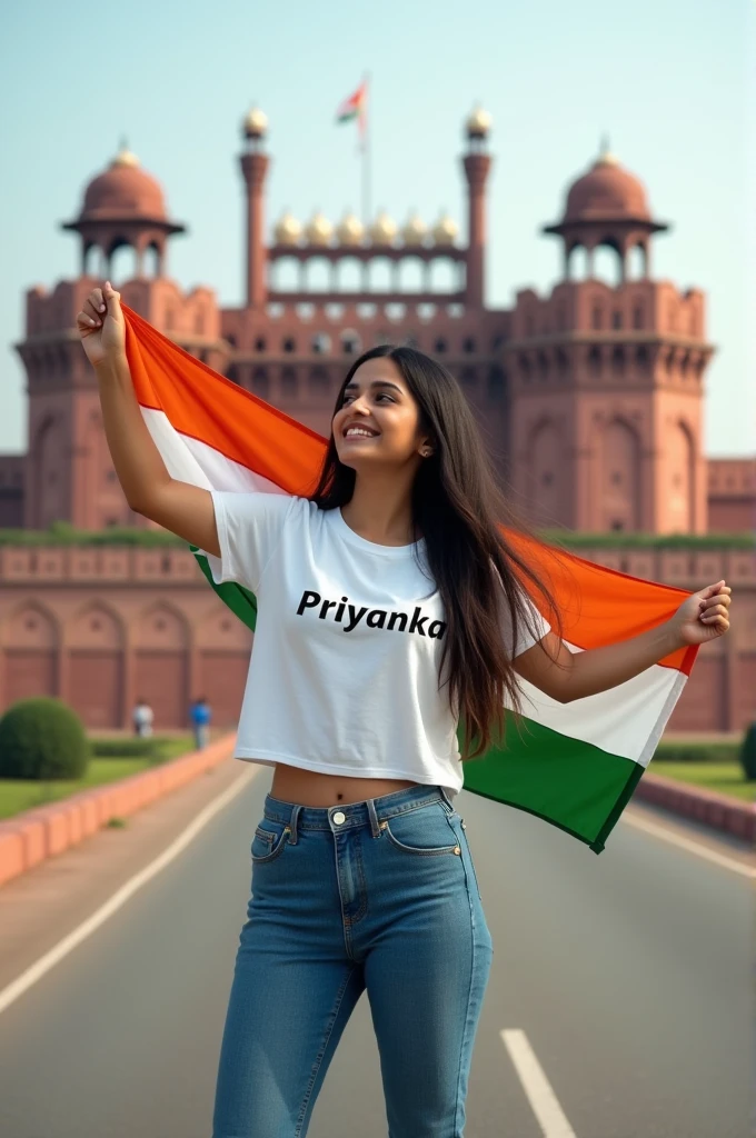 A real 24 years old girl, Wearing White T shirt blue jeans sneakers and the name "Priyanka" is written on his t-shirt and the boy is standing on the road with holding a national flag of India, and behind him is the Red Fort Delhi. And written on sky "Independence Day" Create Realistic image high qua
