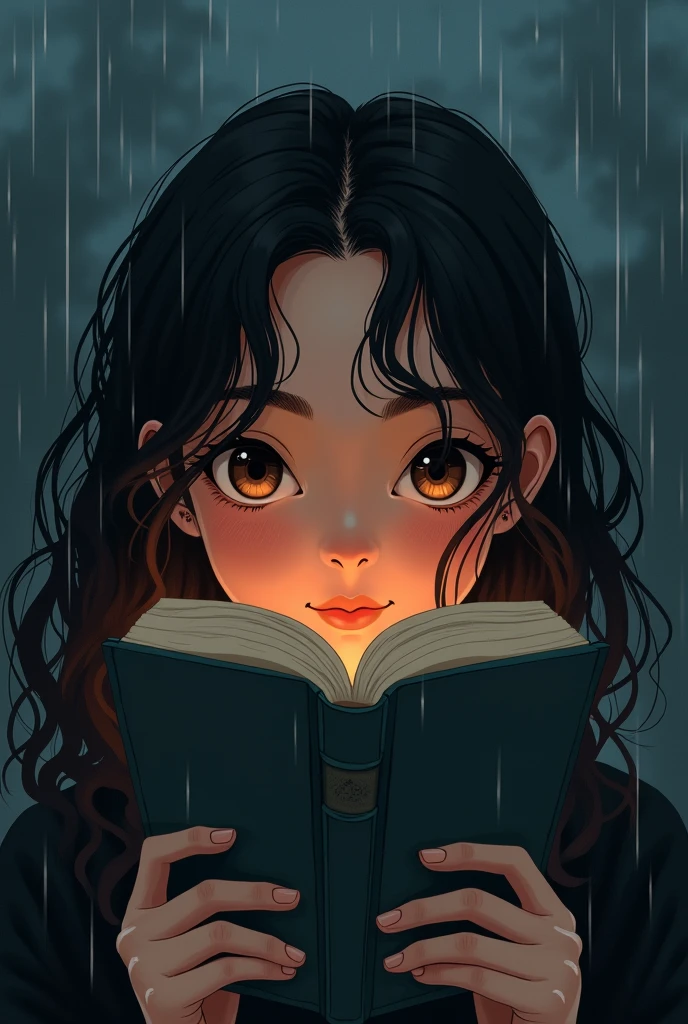 A vector girl for profile picture in a shadow style make it mysterious in love on a rainy day with brown eyes and long curly dark brown hairs with book in front of the face showing only her eyes 