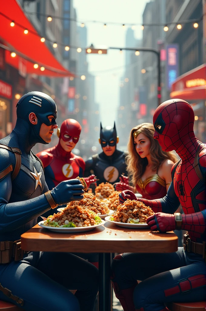 Captain America, Spiderman, Deadpool, Daredevil, The Flash, Supergirl, Wonder woman, Starlord eating shwarma