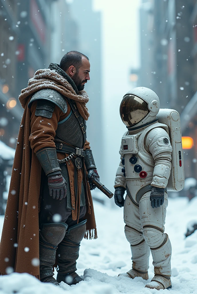 Medieval warrior using a bearskin as a blanket, encountering a future astronaut in a city where it is snowing