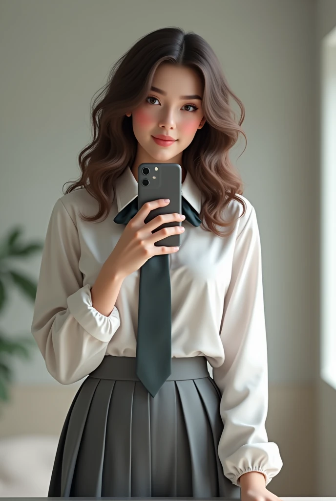 8k, Highest quality, live-action, Intricate details, Ultra-detailed, Ultra-high resolution, Depth Field,(Realistic,Realistic:1.2),Tabletop , Front shot , From the center ,
One Girl, AI big breasts_Chan, Very beautiful 1, Innocent big eyes,、Beautiful breasts:1.5、Ultra-detailed目:1.2)、(Beautiful breasts:1.1)、Wavy Hair、Curly Hair、Bans、, Perfect Skin, Fair skin, Huge breasts, Cleavage, Tight waist, A slight blush, alone, View your viewers, Light Smile,
((School_uniform), (White shirt、Wear a tie), (Grey pleated skirt),
(Sculpture Pose :1.1) , Taking a picture with a cell phone in front of a mirror