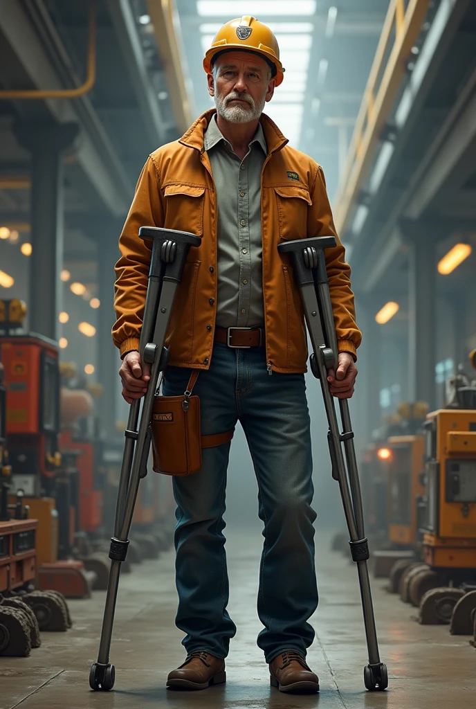 Make a person with a crutch of average age 28, Let them be an engineer 
