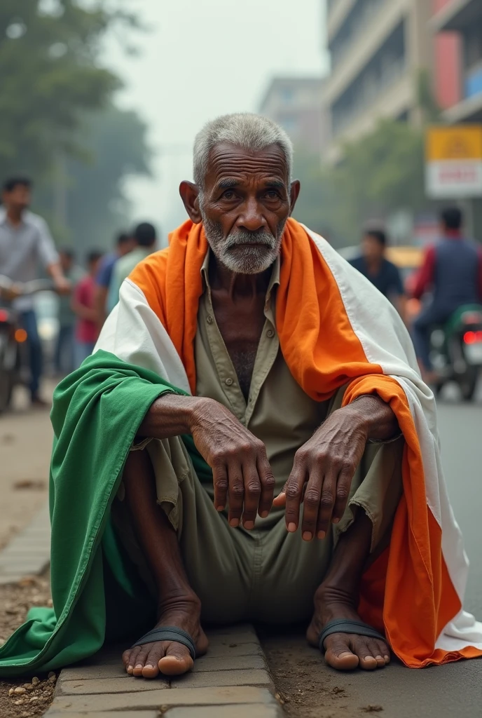 A old black man wearing a flag of India and begging coins in road side make an anemy