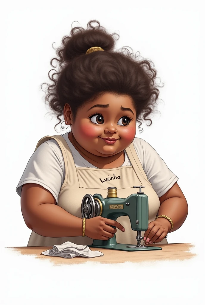 Drawing of a fat woman with curly hair all tied back in a ponytail in black.
Round, chubby face.
Brown skin.
Sewing with a sewing machine, white background and the apron with the name Lucinha.