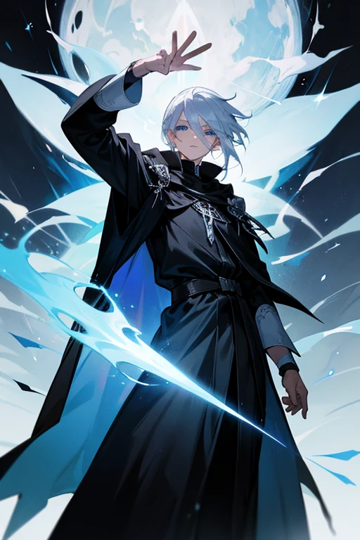 A wizard with white hair, 160cm tall, no beard, blue eyes, a boy with a black tattoo on his arm, a white cloak, and black clothes.