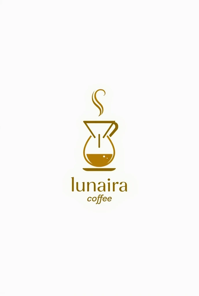 filter coffee flat bottom, dripper, steam, logo, dripper,  only dripper, coffee shop logo, yellow outline only, logo, coffee shop logo, white background, with text "( lunaira coffee )"