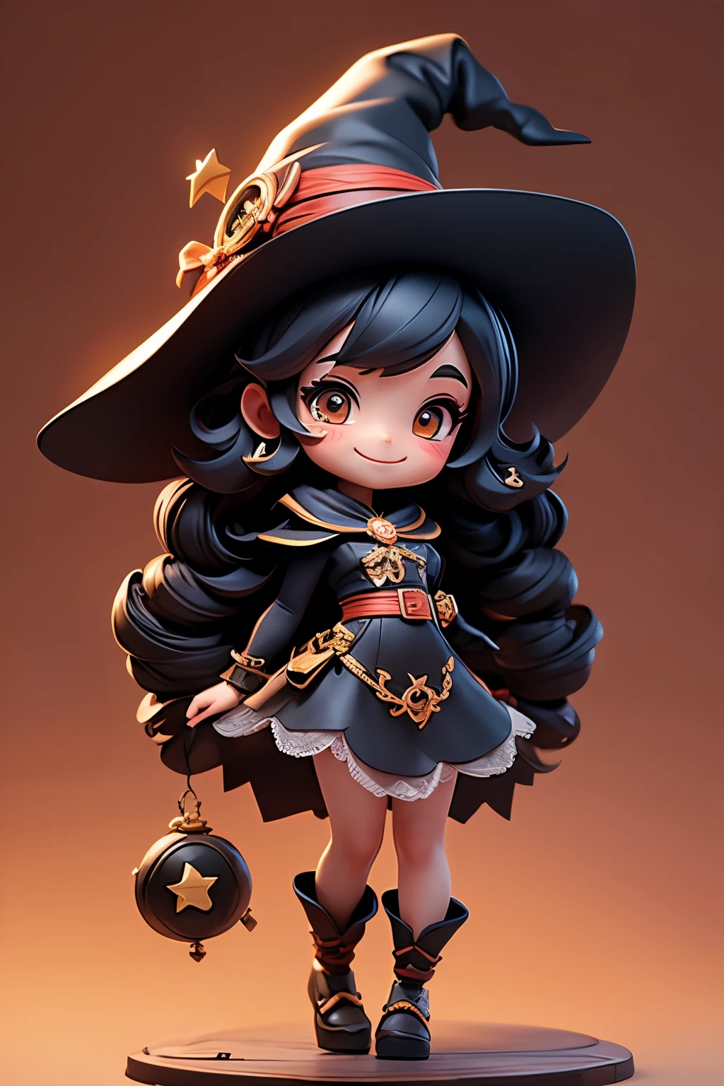 masterpiece, Highest quality, Smiling cute chibi, (((黒 hair))), Witch Costume, (((whole body)))