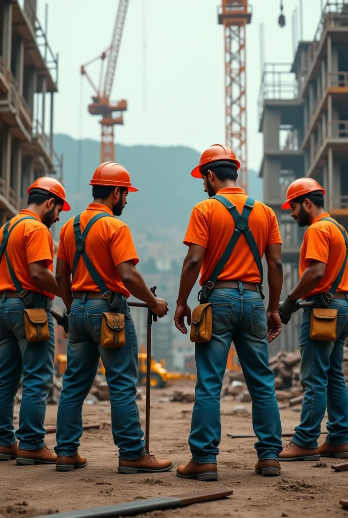 (photorealism:1.2), four Mexican men, 27 years old, working, welders, Orange shirt, jeans, in the background construction, with load belt, safety helmet, black cargo belt, harness, (ass point of view)