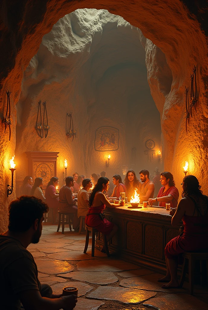 Generate a cantina decorated with cave paintings, ancient Inca bows and Inca arrows.