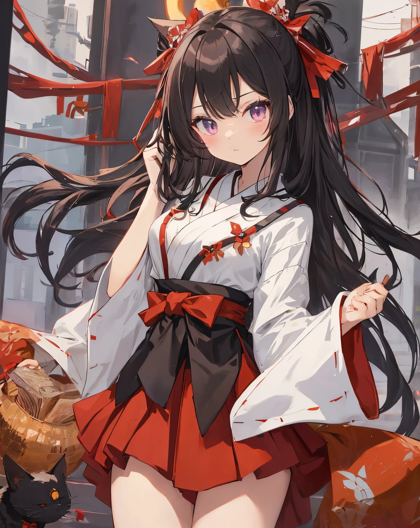 1 anime catgirl, black cat ears, with long black hair tied back, Two small tufts of hair in front, wearing a traditional white blouse with voluminous sleeves and a high collar, paired with a long red skirt that has a bow at the waist. The character is in a standing pose and has an elegant and refined appearance. She has accent purple eyes, detailed anime eyes, she is the shrine priestess. She has a traditional dance pose. red hakama and white kimono. Slim waist.