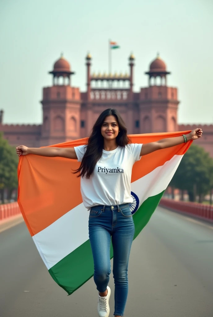 A real 24 years old girl, Wearing White T shirt blue jeans sneakers and the name "Priyanka" is written on his t-shirt and the boy is standing on the road with holding a national flag of India, and behind him is the Red Fort Delhi. And written on sky "Independence Day" Create Realistic image high qua
