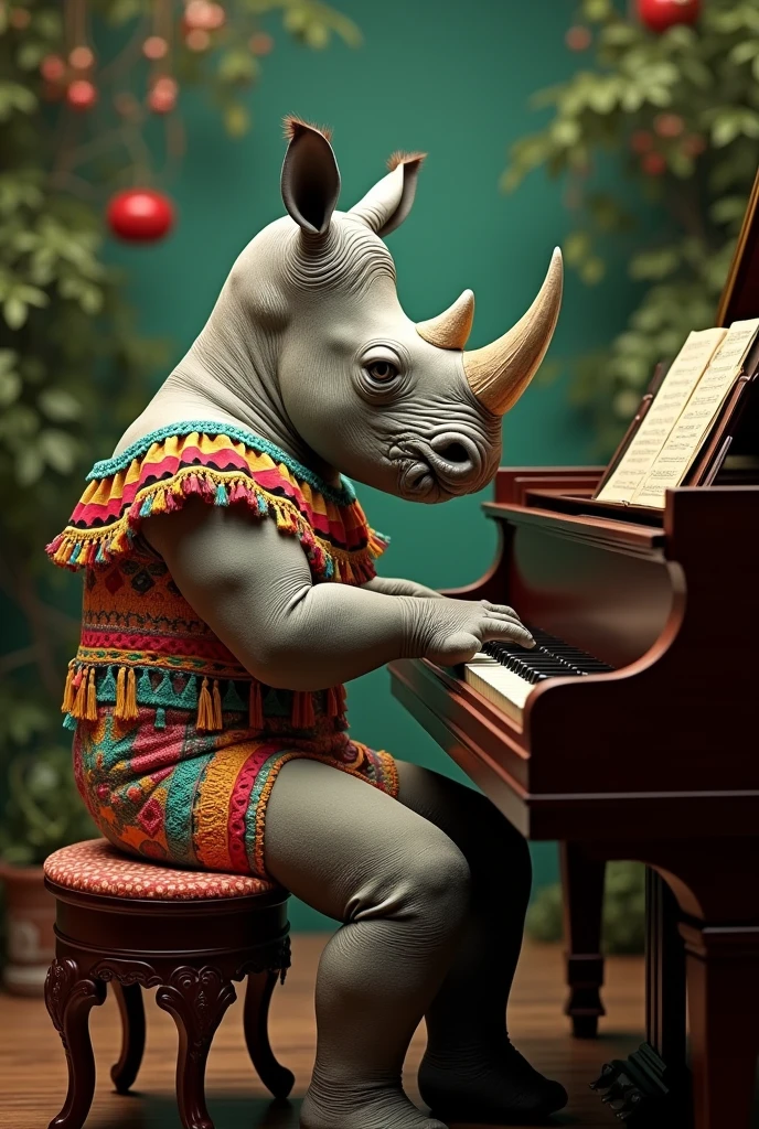 An Irish rhinoceros playing piano in a dress with a Mexican
