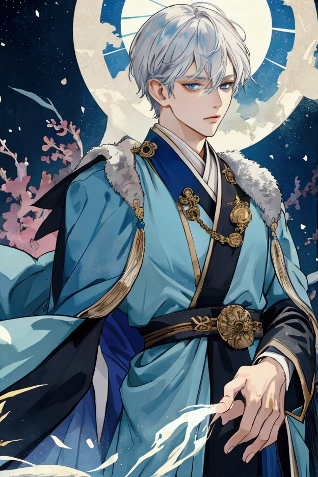Goldhaariger Mann, sea blue eyes, short hairs, Imperial Robe, friendly, Anime Style