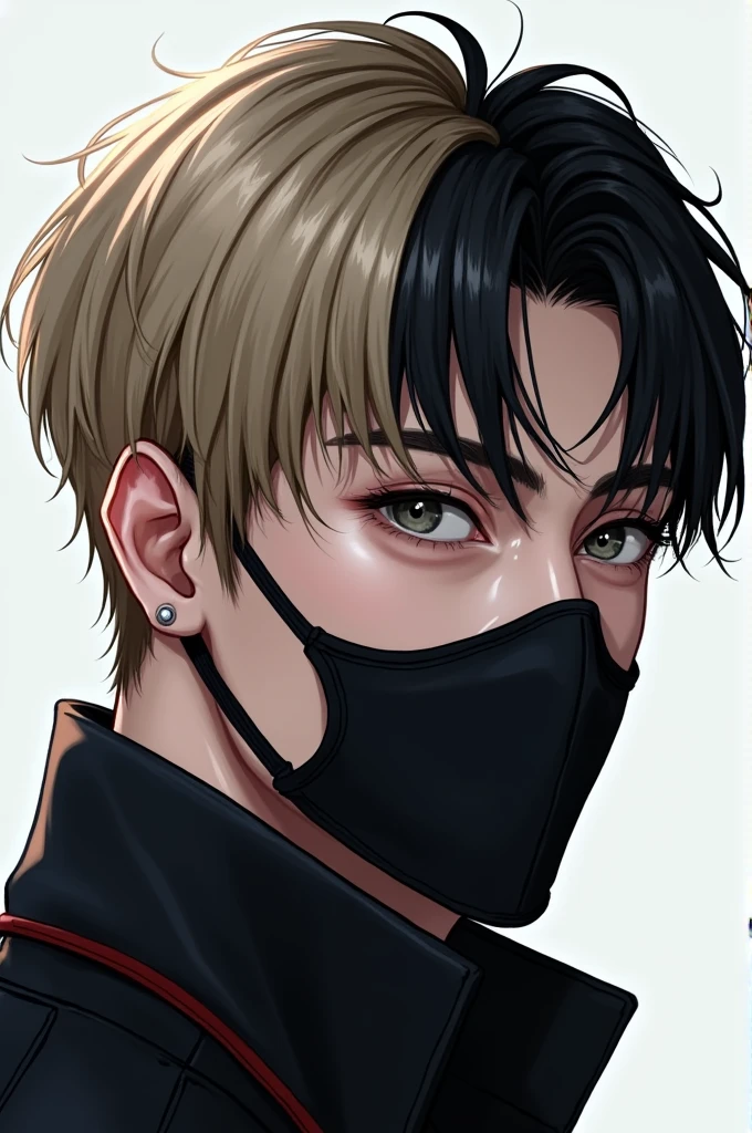 Idol: Yoon Sanha wearing a face mask, blonde hair in the front and black in the back, grey eyes