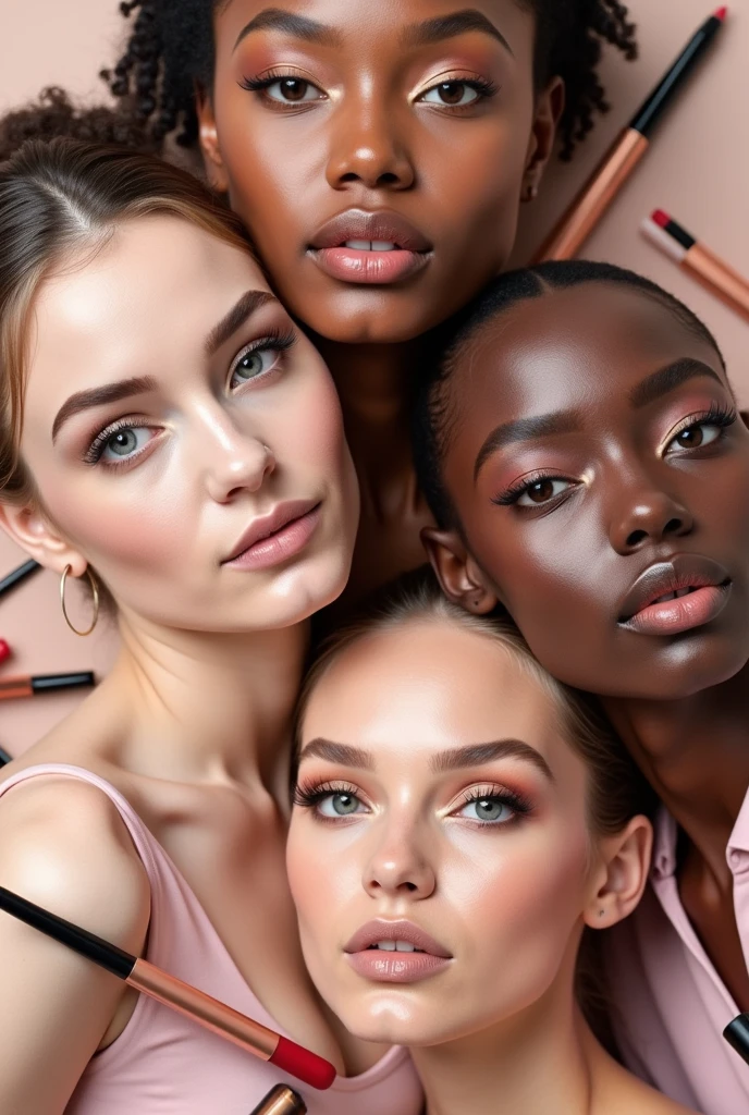 Create an image featuring three or four diverse faces of different ethnicities, each showcasing elegant and refined social makeup designs. The makeup should be polished and sophisticated, with subtle, yet impactful use of colors like nude, soft pink, and classic red. The background should be soft and harmonious, using neutral tones such as beige, cream, or soft pastels to complement the makeup. Surround the faces with makeup tools such as brushes, eyeshadow palettes, and lipsticks, arranged in a balanced and aesthetically pleasing manner. Focus entirely on the visual elements, without any text.