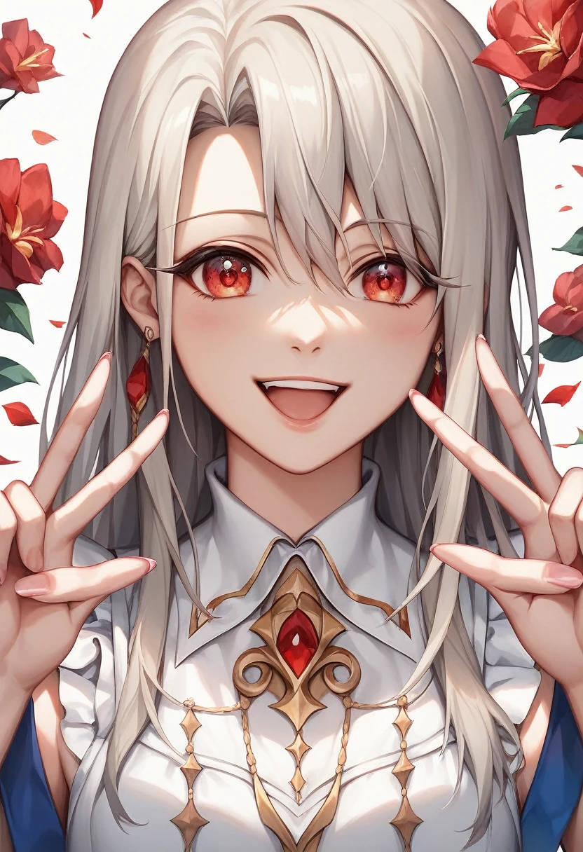 score_9, score_8_superior, score_7_superior, (masterpiece, Highest quality, so beautiful, Super detailed), Intricate details, One person, Illyasviel von Einzbern, destiny \(series\), Gray Hair, Red eyes, Close one eye, Open your mouth, skirt, Double V, smile,