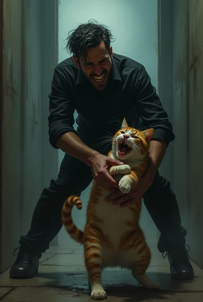 Ek creepy admi jisne black shirt and pent ek jinger cat ko leg se hit krte huye