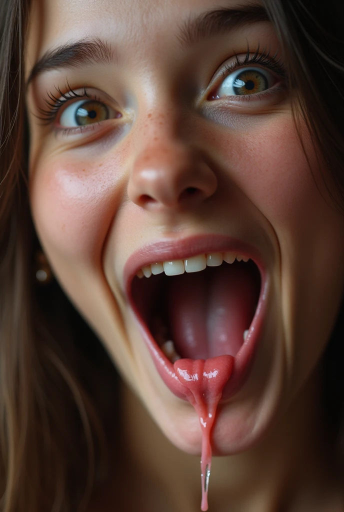 closeup of a female young adult face, mouth very wide open and smiling, eyes open, rolling eyes, long hair, mouth full of saliva, drooling, a lot of saliva, drooling dripping saliva, saliva running down on face , extreme skin detail, photorealistic, 8k, wallpaper, viewed from above