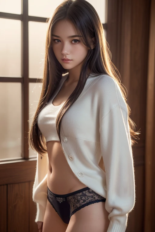 a beautiful young high school girl, extremely detailed face and eyes, long beautiful hair, athletic body, changing clothes, panties visible, (best quality,4k,8k,highres,masterpiece:1.2),ultra-detailed,(realistic,photorealistic,photo-realistic:1.37),detailed clothing folds,warm lighting,soft focus,high contrast,dramatic shadows,cinematic composition,muted color palette