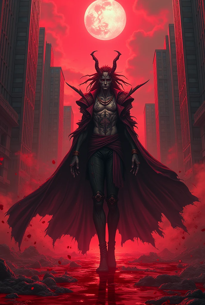 (photorealism:1.2), create a anime character sukuna on full blood and background on buildings , only sukuna move out side on light li on the image