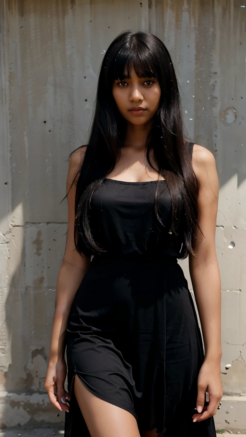 black skin young Indian girl with long hair, silk long black dress, (standing), all body on the picture, poker face, with asian eyes, bangs hair