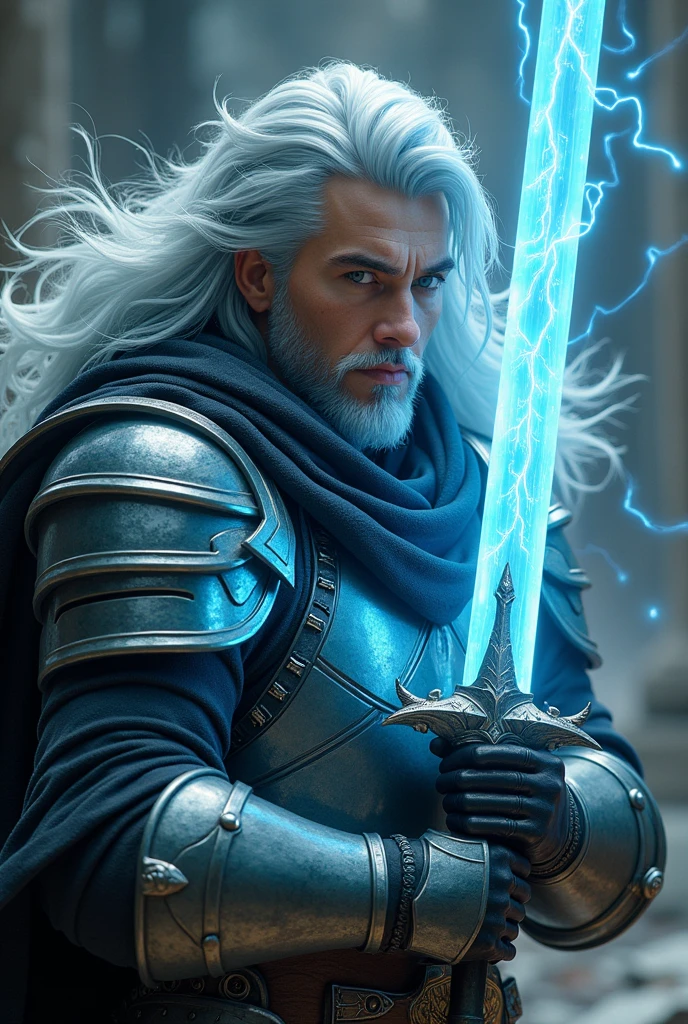 highest quality, 8k, hdr, (head to toe:1.4), Realistic, Human Man, early twenties in age, Russian Asian mixed heritage, sea blue natural hair with long thick platinum streaks, full figure, wearing fantasy armor, thick and heavy fantasy armor, Holding a glowing magical sword with wisps of lightning dancing off it