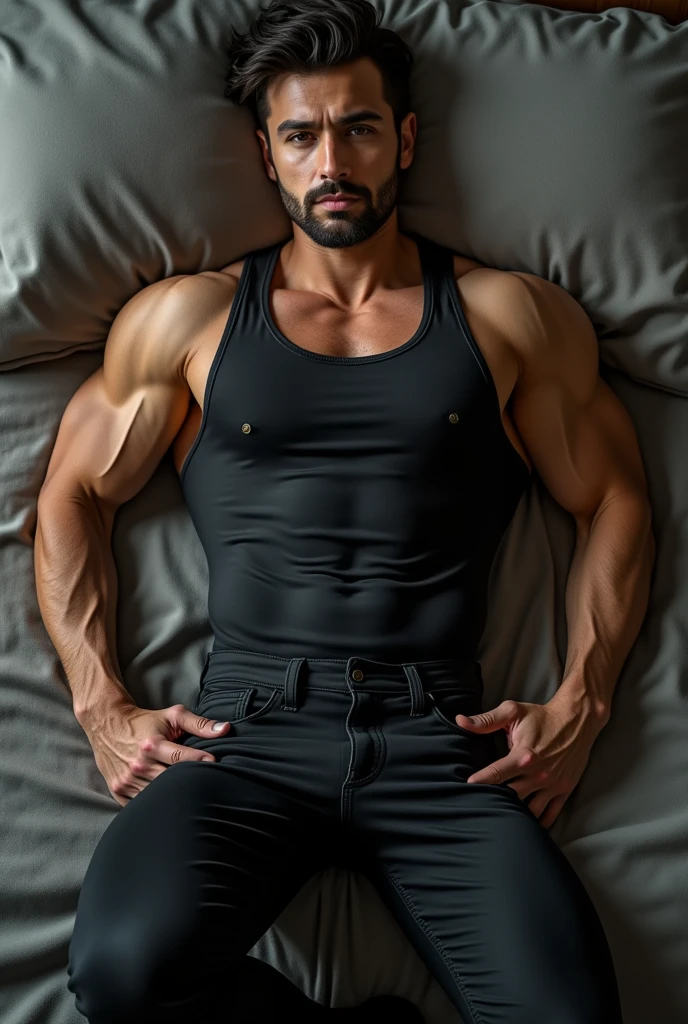 Top view of full body image of Handsome hot very muscular light bearded turkish gym hunk stud wearing tight black compression gym suit and tight black jeans and black sports shoes with black socks is lying on bed