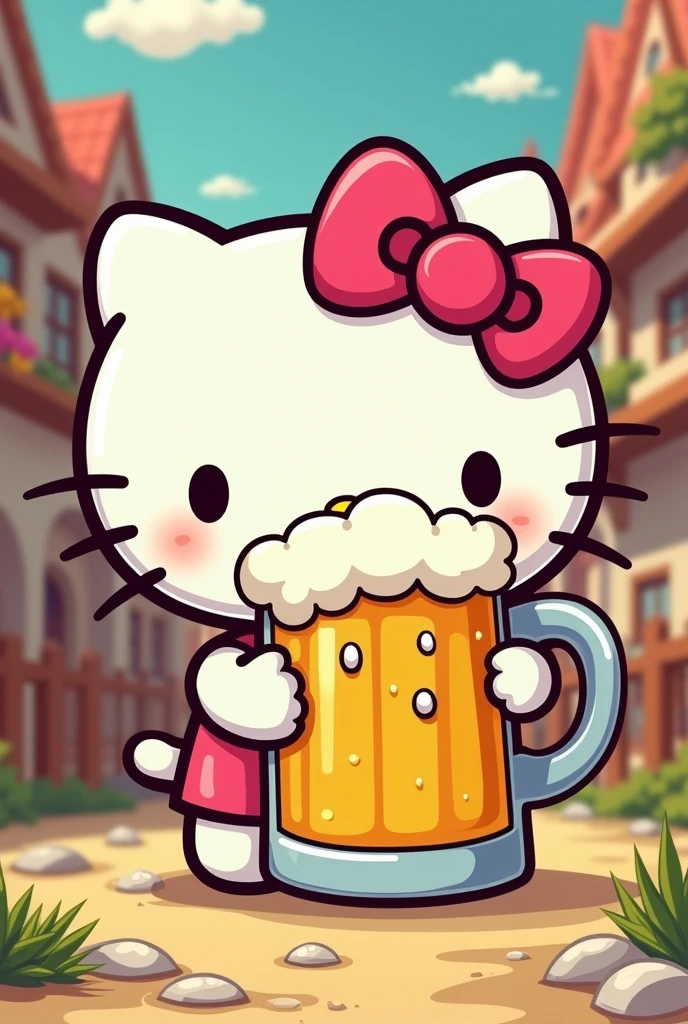Hello Kitty enjoying a cartoon-style beer
