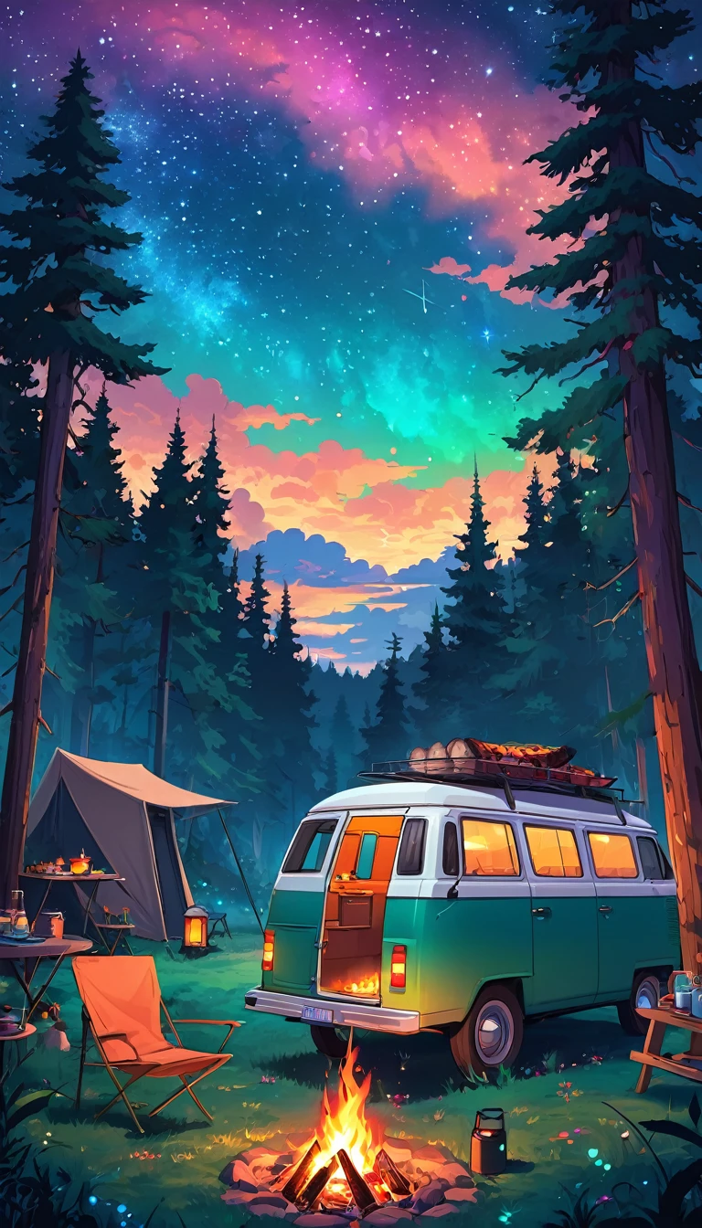 Draw a lofi anime poster style scene of a van in the forest, fairy decoration, camp fire, BBQ, starry sky, wilderness, dense forest, natta, beautiful color palette, vibrant saturated colors, work of art, cinematic cloudy sky, no human