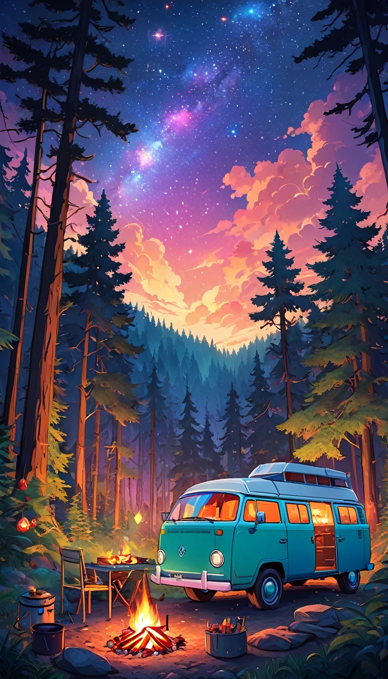 Draw a lofi anime poster style scene of a van in the forest, fairy decoration, camp fire, BBQ, starry sky, wilderness, dense forest, natta, beautiful color palette, vibrant saturated colors, work of art, cinematic cloudy sky, no human