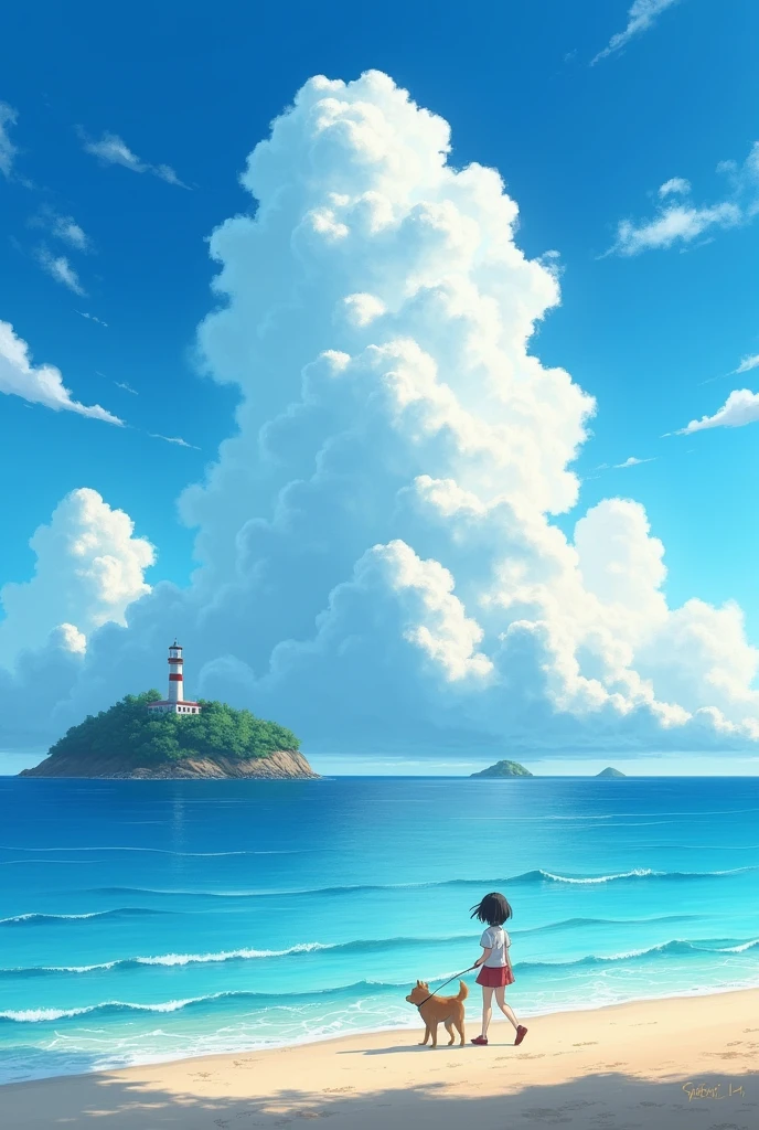 A beautiful sunny sky and magnificent clouds、Clear sea、A small lighthouse in the distance、A girl and her dog walking along the coastline、A Shinkai Makoto style design