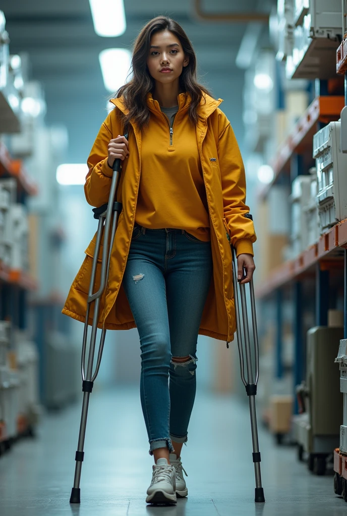 make a young person with a crutch of average age 28, that she be a triguena test engineer without a beard