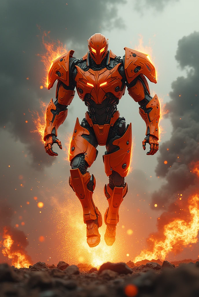orange flame armor. Medival concept. hotrod . Iron man Samurai Optimus Prime, robot warrior, leaping against dark cloudy sky, intense battle background, dynamic explosion effects, cinematic lighting, highly detailed, 8K, (best quality,4k,8k,highres,masterpiece:1.2),ultra-detailed,(realistic,photorealistic,photo-realistic:1.37),epic action scene,dramatic pose,intricate mechanical design,glowing energy,sparks,dust,devastation,cinematic angle,dramatic lighting