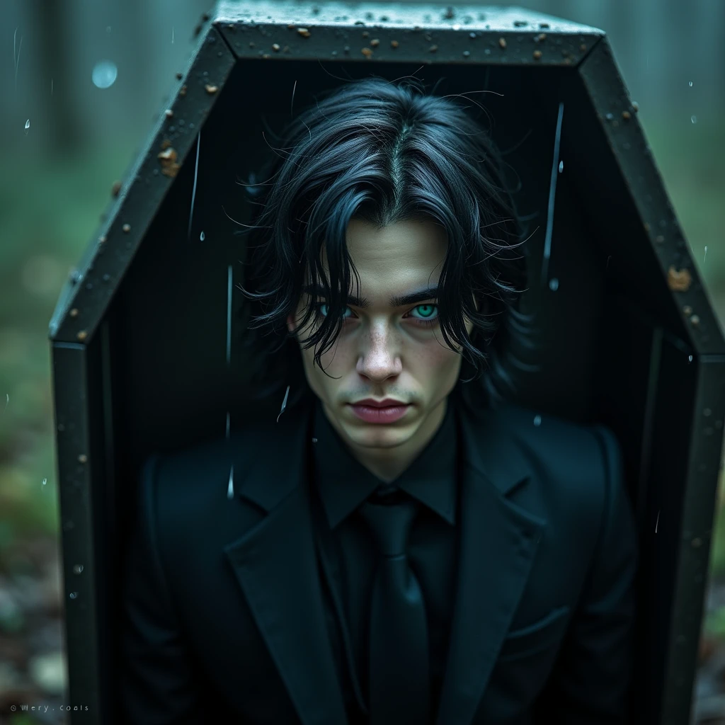 A sexy 19-year-old young male with black long hair, teal blue eyes with gothic clothing. He is slowly getting out of his coffin. (((Gloomy atmosphere))) Surreal, Insanely detailed, Detailed face, extremely detailed texture, Ultra Detail, Detailed face. Exquisite details and textures, no facial or body hair. ((smooky)) (((heavy rain)) ((rainy)))) (((cold))) (night) (Smirking while furrowing)