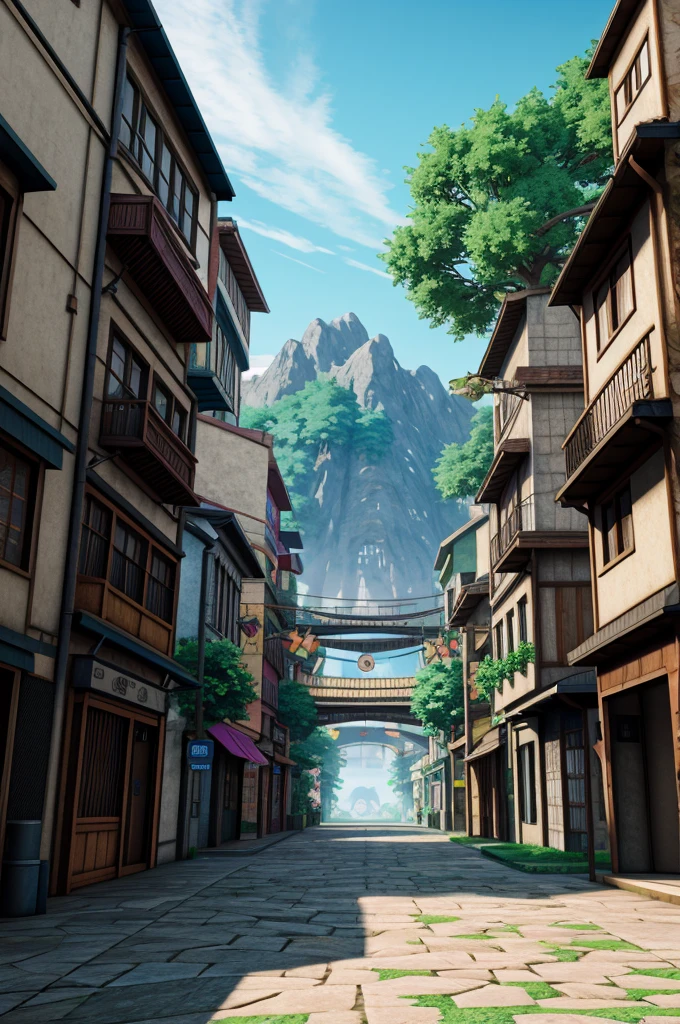 (best quality), high quality, very high resolution, (ultra detailed), 8k, (hyper realistic),Ray Tracing, Leaf Village, Streetscape, landscape, NARUTO