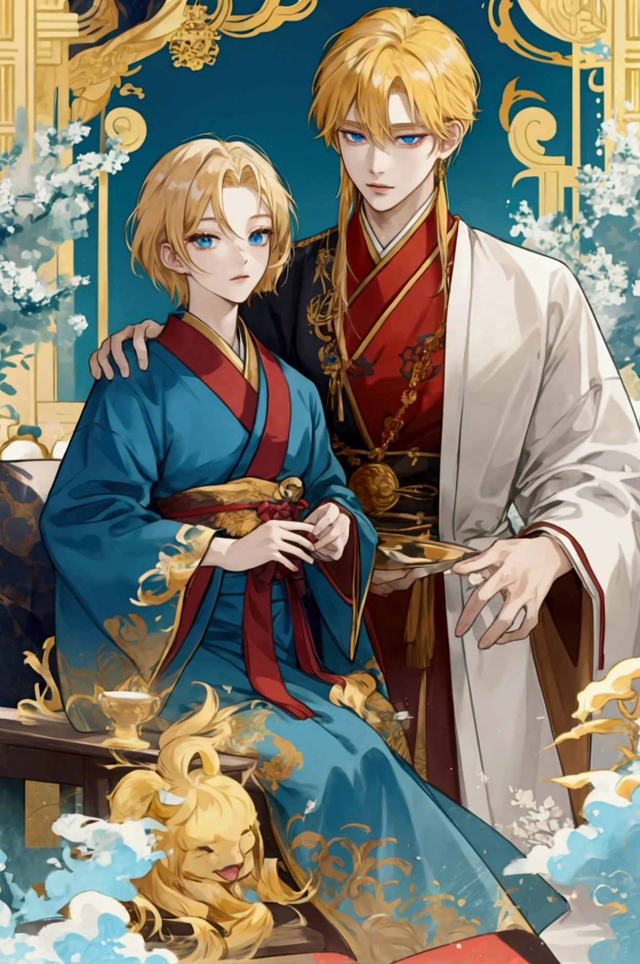 tao, Golden hair, sea blue eyes, short hairs, Imperial Robe, friendly, Anime Style