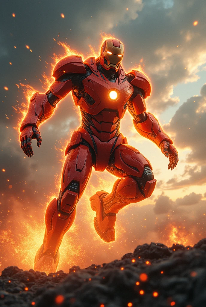 orange flame armor. Medival concept. hotrod . Iron man Samurai Optimus Prime, robot warrior, leaping against dark cloudy sky, intense battle background, dynamic explosion effects, cinematic lighting, highly detailed, 8K, (best quality,4k,8k,highres,masterpiece:1.2),ultra-detailed,(realistic,photorealistic,photo-realistic:1.37),epic action scene,dramatic pose,intricate mechanical design,glowing energy,sparks,dust,devastation,cinematic angle,dramatic lighting