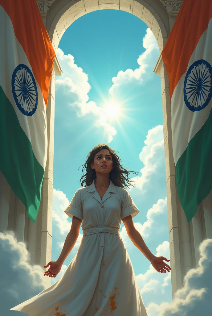 Female doctor wearing apron asking for justice afraid and crying infront of heaven door(typical cloudy and shiny heaven door) include indian tricolour flag