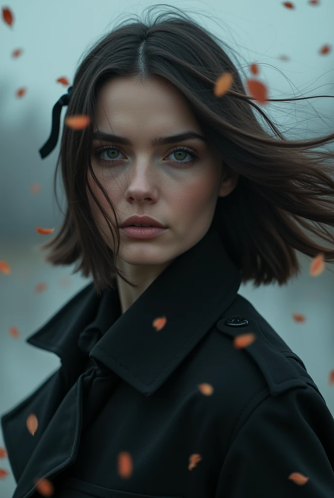 (Dynamic Angle:1.3),Close-up,windy,Movie Highlights,1 Woman,Upper Body，Facing the audience，Close-up of face，独自of,， blank Eye, Become a_hair,(  Shoulder-length hair:1.2),floating hairlong_sleeve,  黑色of_Eye，Dark trench coat，齐肩hair_Ribbon，depth_of_site，表情平静 a close view of flying petal,