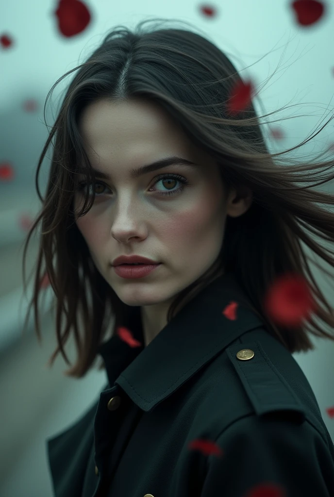 (Dynamic Angle:1.3),Close-up,windy,Movie Highlights,1 Woman,Upper Body,Facing the audience,Close-up of face,独自of,, blank Eye, Become a_hair,( Shoulder-length hair:1.2),floating hairlong_sleeve, 黑色of_Eye,Dark trench coat,齐肩hair_Ribbon,depth_of_site,表情平静 a close view of flying petal,